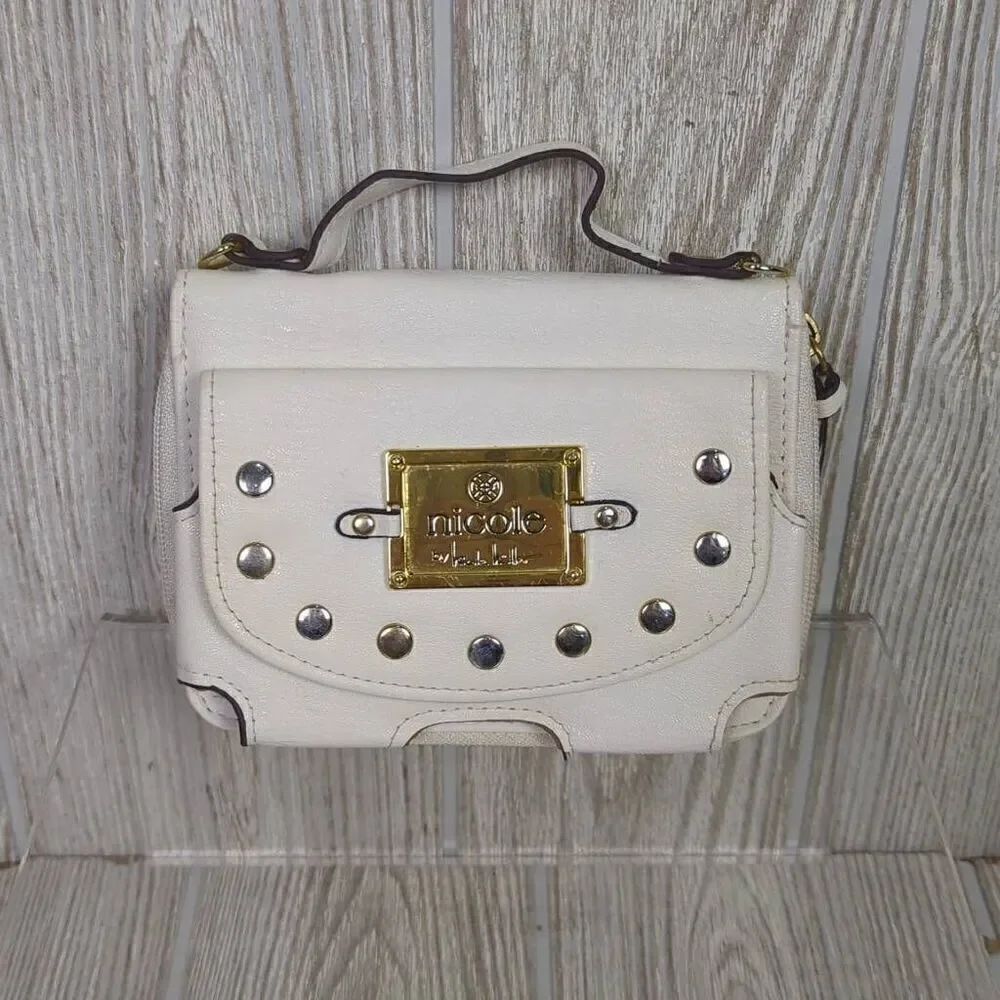 Nicole Miller Faux White Leather Crossbody Bag Purse Multipurpose Studded